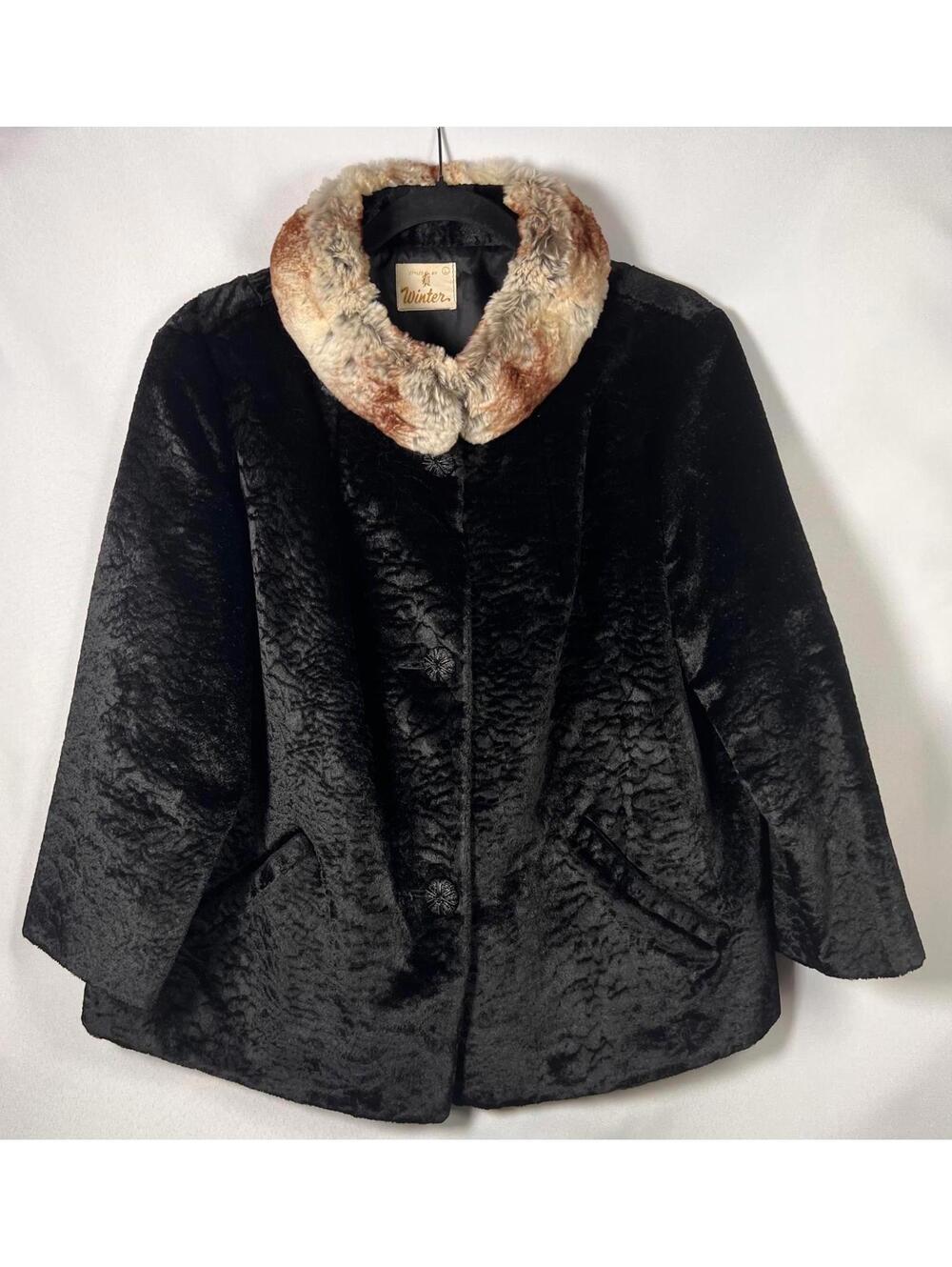 Vintage Styled by Winter Black Velvet Coat with Brown & Cream Rabbit Fur Collar